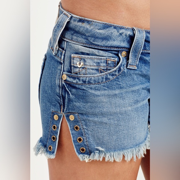 True Religion Pants - True Religion Y2K Blue Distressed Denim Cut Off Style Shorts with Grommet Slit